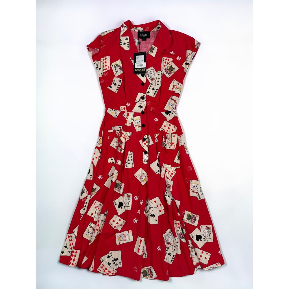 Collectif Liza Cat Croupier Swing Dress Size XS Cat Playing Cards Print